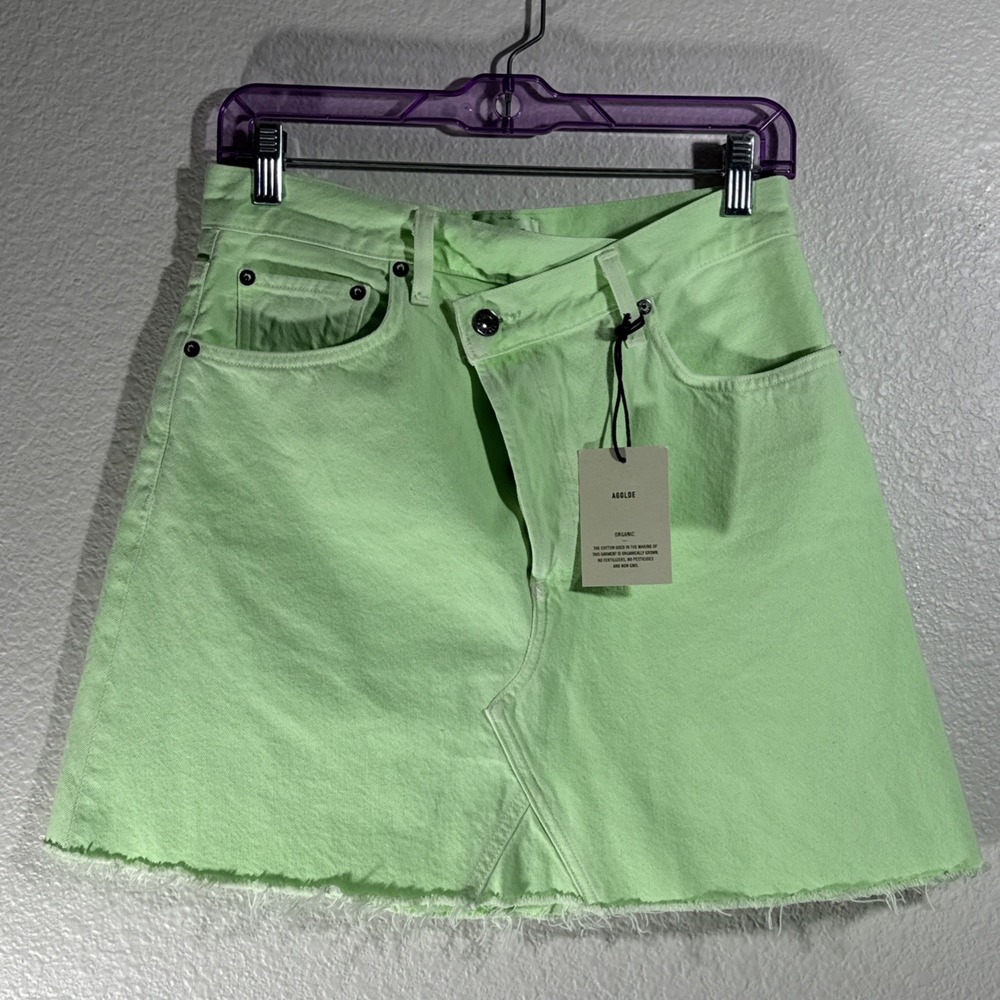 AGOLDE Criss Cross High Rise Denim Mini skirt 27 Lime Green $265 Made in USA